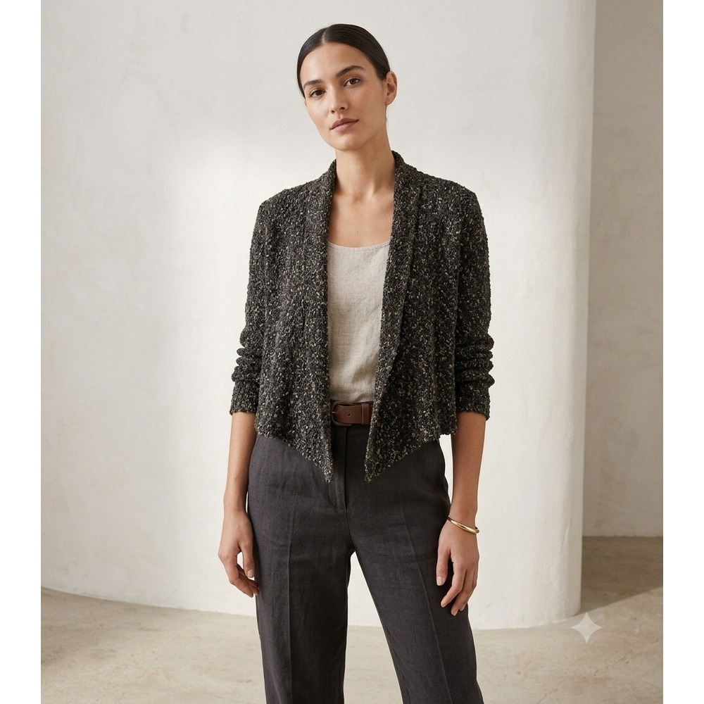 EILEEN FISHER Black Gold Metallic Open Linen Blend Cardigan Sweater S 216